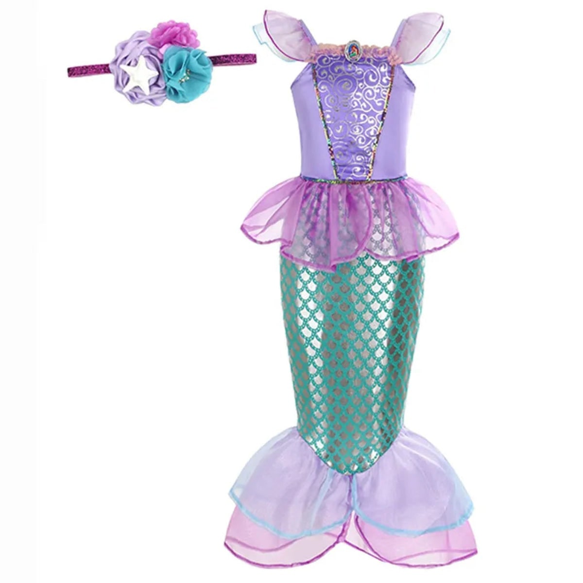 Girls' Halloween Mermaid Costume Dress-Up with Accessories and Tulle Fin for Party - Image 8