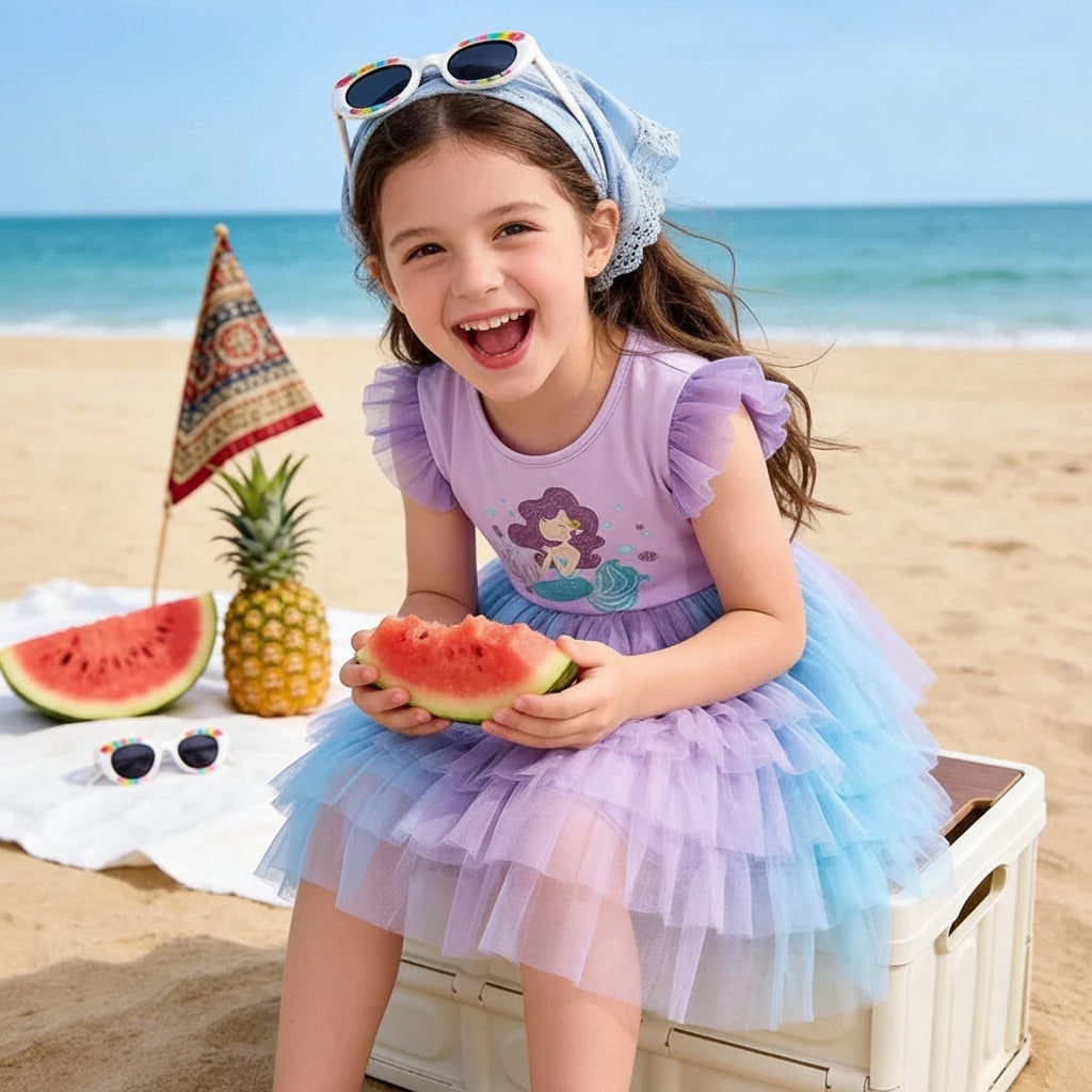 Girls' Halloween Mermaid Tutu Dress with Tiered Tulle Skirt and Ruffled Cap Sleeves - Image 1