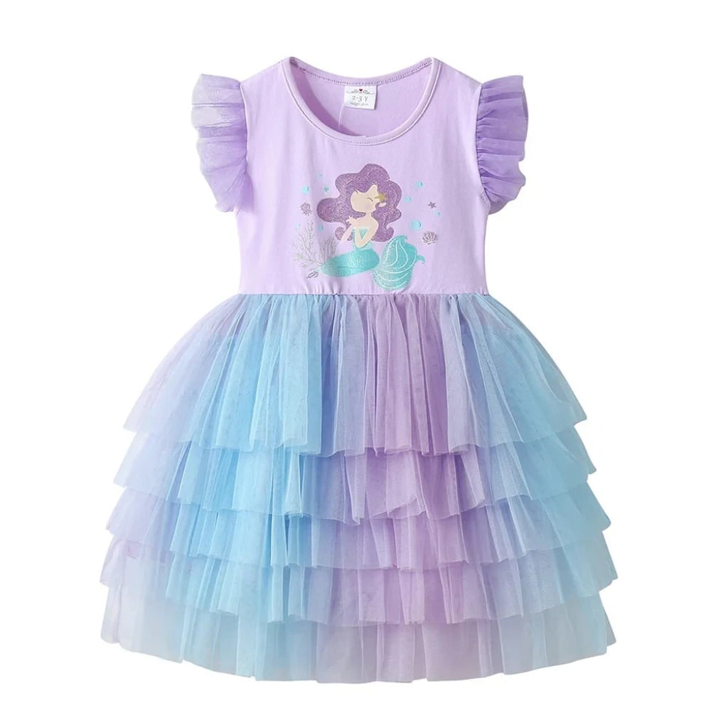 Girls' Halloween Mermaid Tutu Dress with Tiered Tulle Skirt and Ruffled Cap Sleeves - Image 5