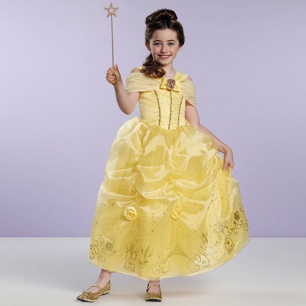 Girls' Halloween Princess Costume Dress with Gold Sequin Bodice and Tulle Skirt - Image 3
