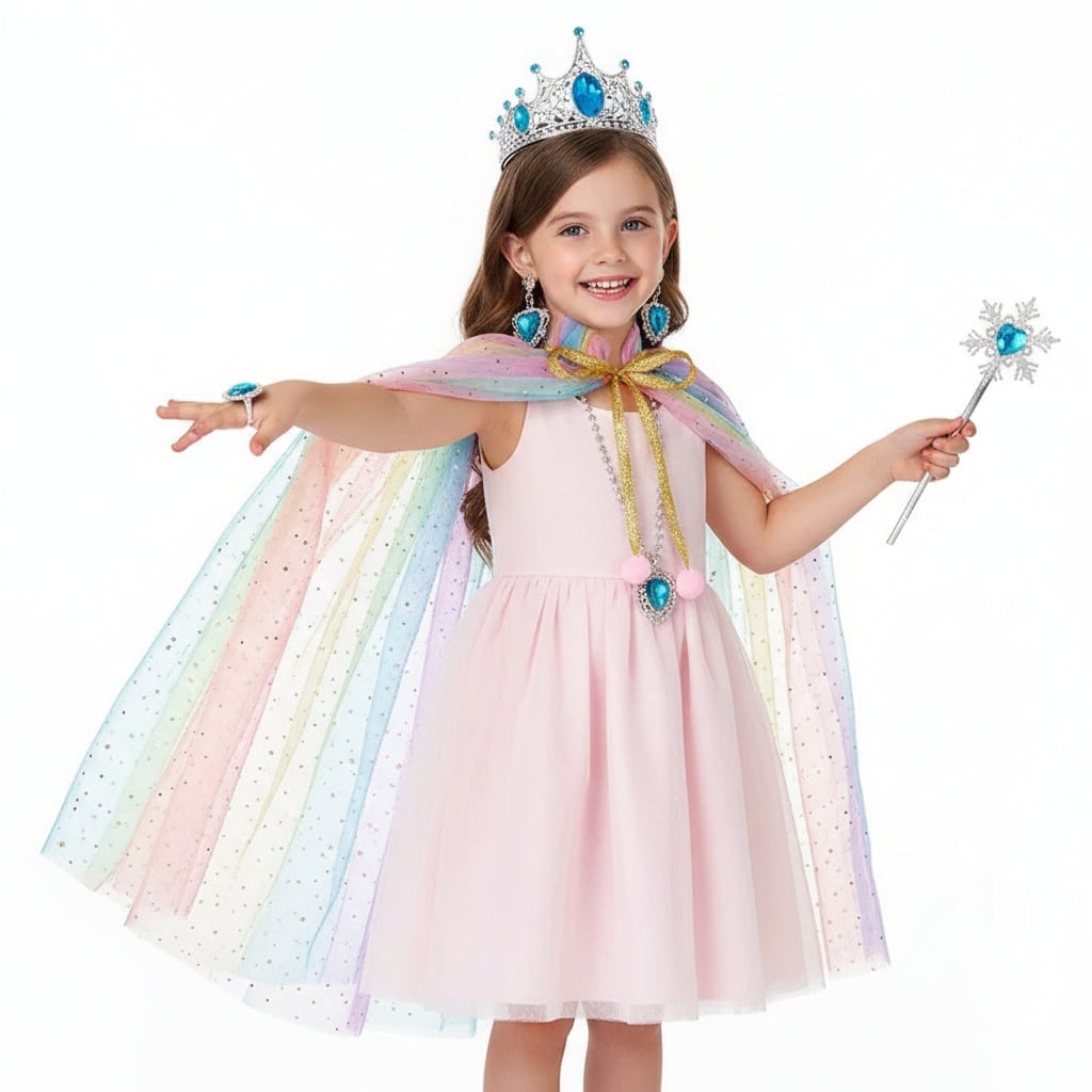Girls' Halloween Princess Dress Up Costume Accessory Set with Cape Tiara and Glitter Details - Image 1