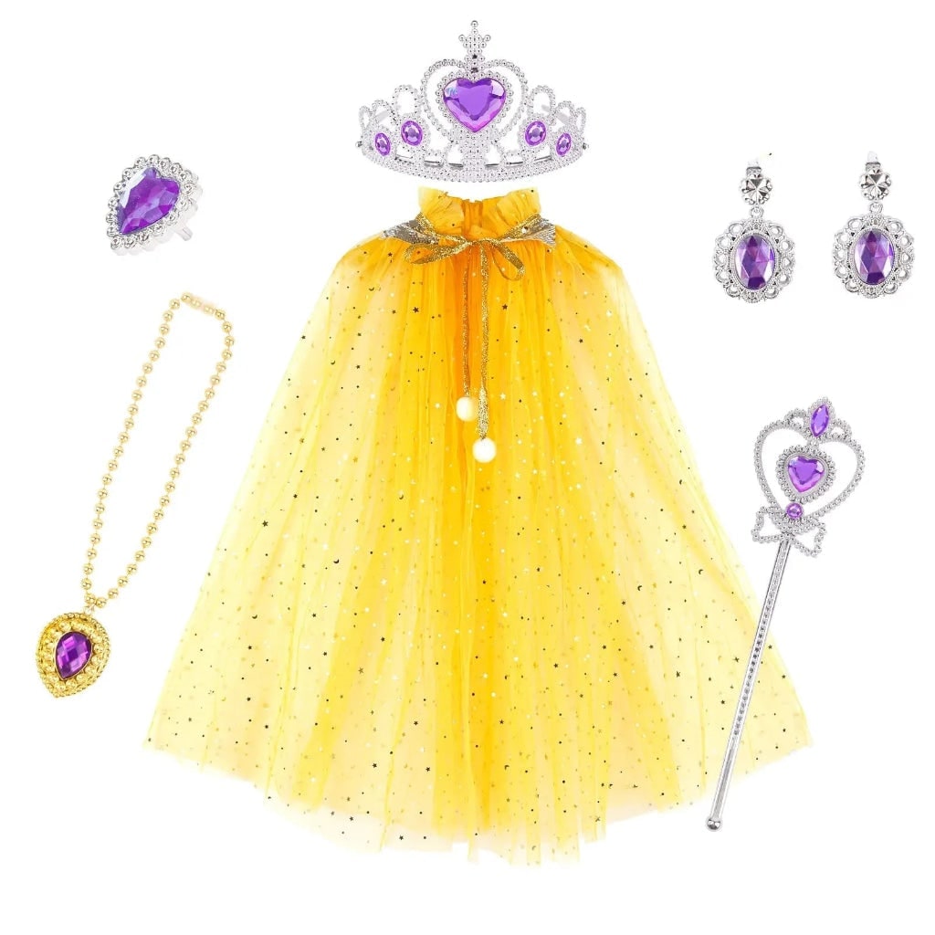 Girls' Halloween Princess Dress Up Costume Accessory Set with Cape Tiara and Glitter Details - Image 5