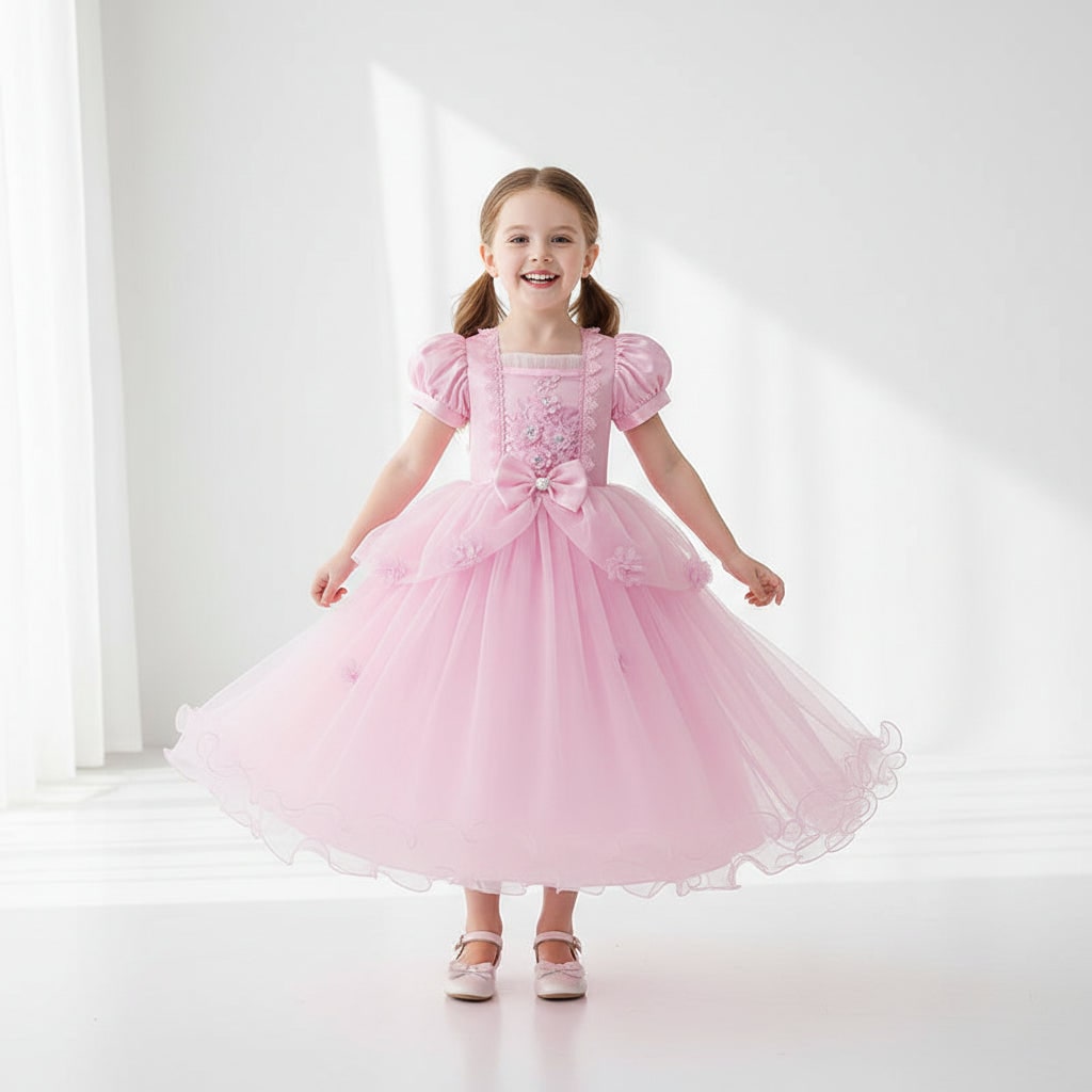 Girls' Princess Party Dress with Puff Sleeves and Lace - Image 1
