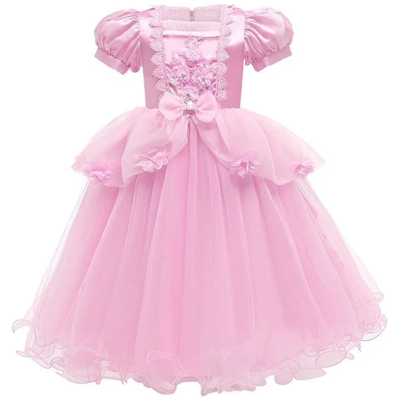 Girls' Princess Party Dress with Puff Sleeves and Lace - Image 2