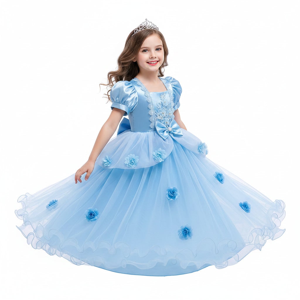 Girls' Princess Party Dress with Puff Sleeves and Lace - Image 4