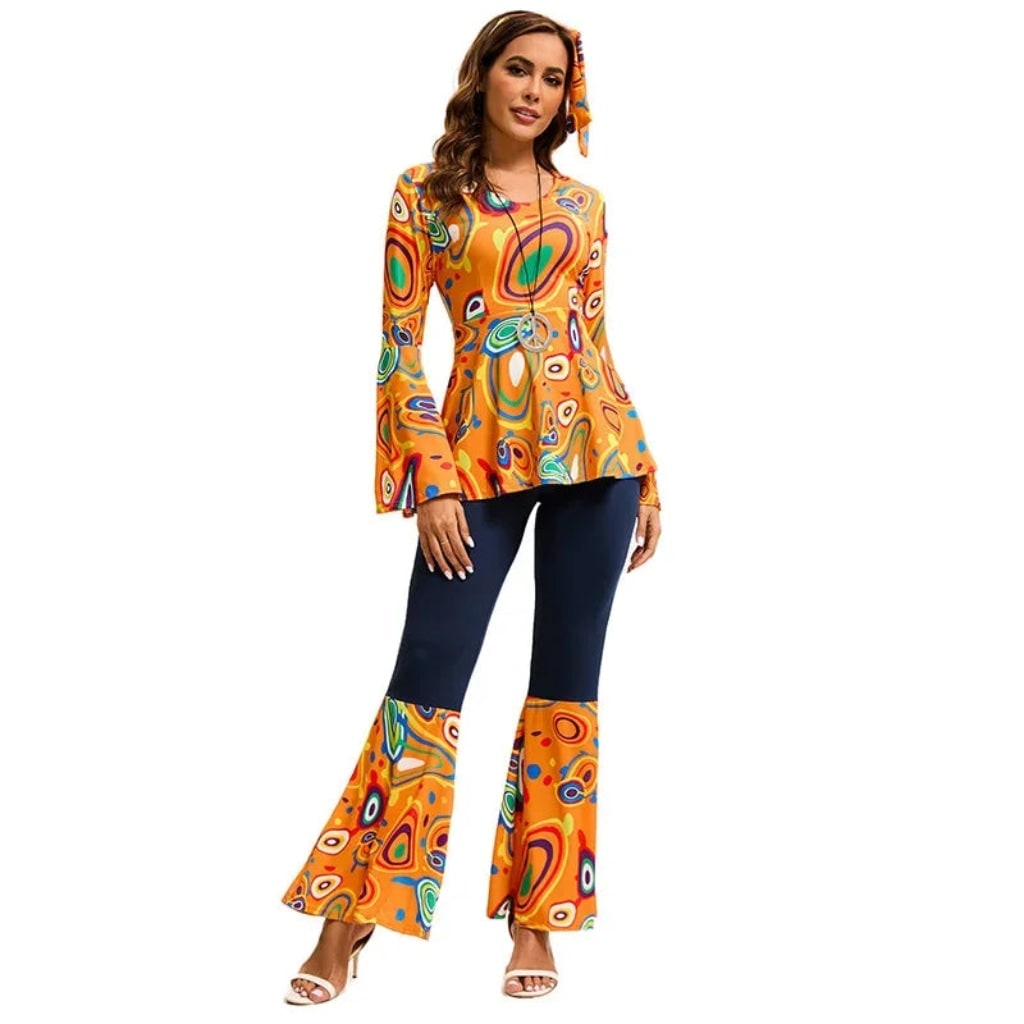 Halloween 70s Costume with Bell Bottom Pants and Hippie Theme Outfit Set 60s - Image 1