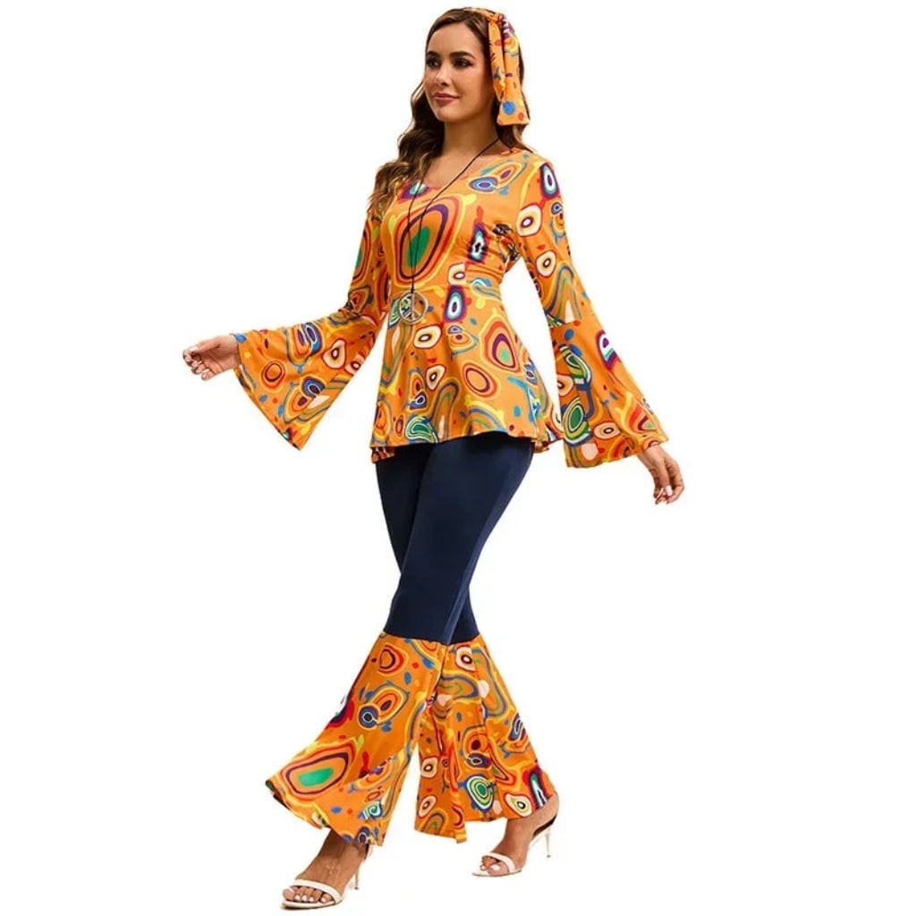 Halloween 70s Costume with Bell Bottom Pants and Hippie Theme Outfit Set 60s - Image 2