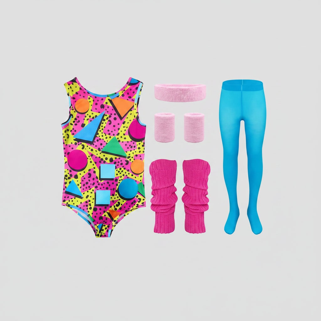 Halloween 80s Costume Party Outfit Workout Aerobics Set with Leotard Leggings Leg Warmers - Image 1