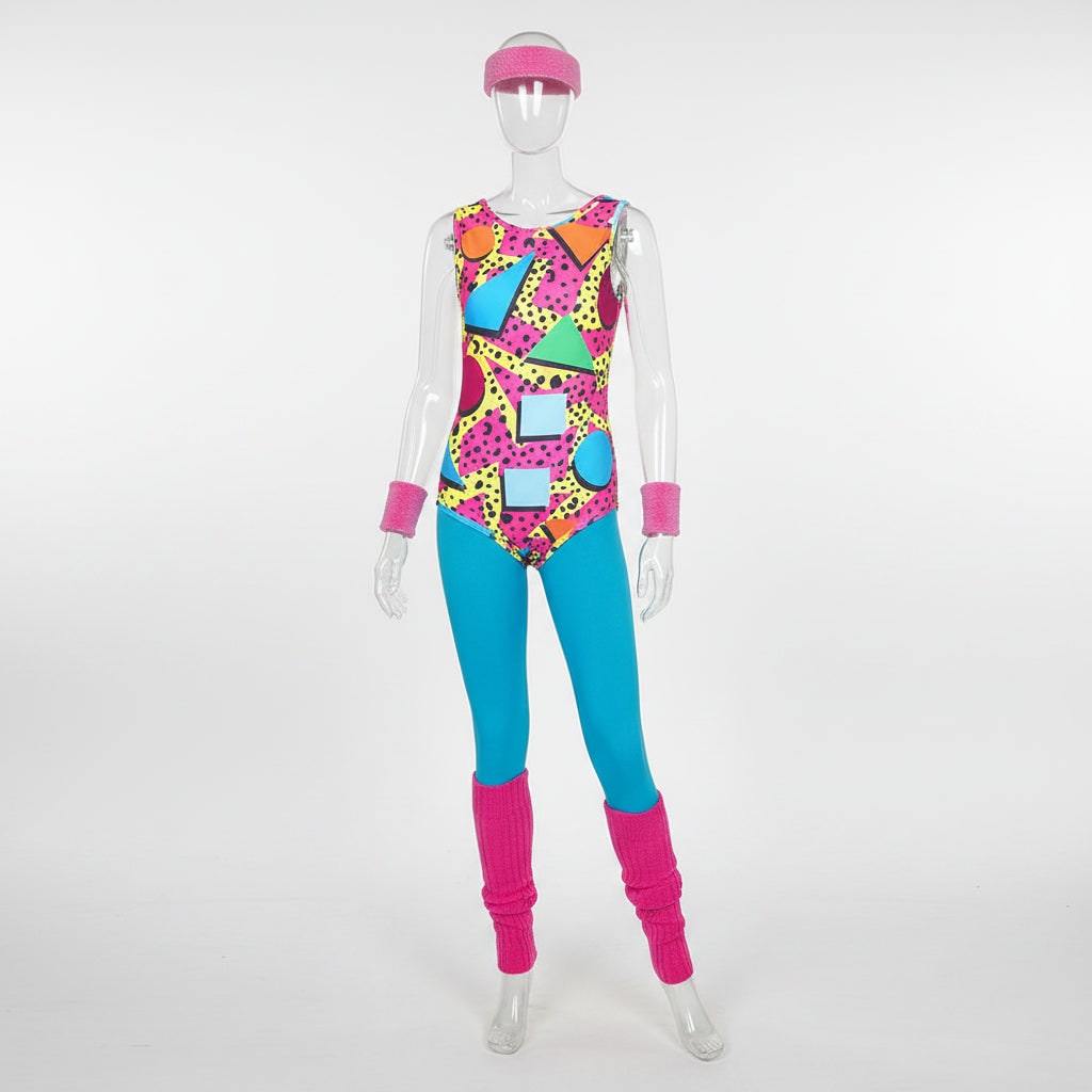 Halloween 80s Costume Party Outfit Workout Aerobics Set with Leotard Leggings Leg Warmers - Image 12