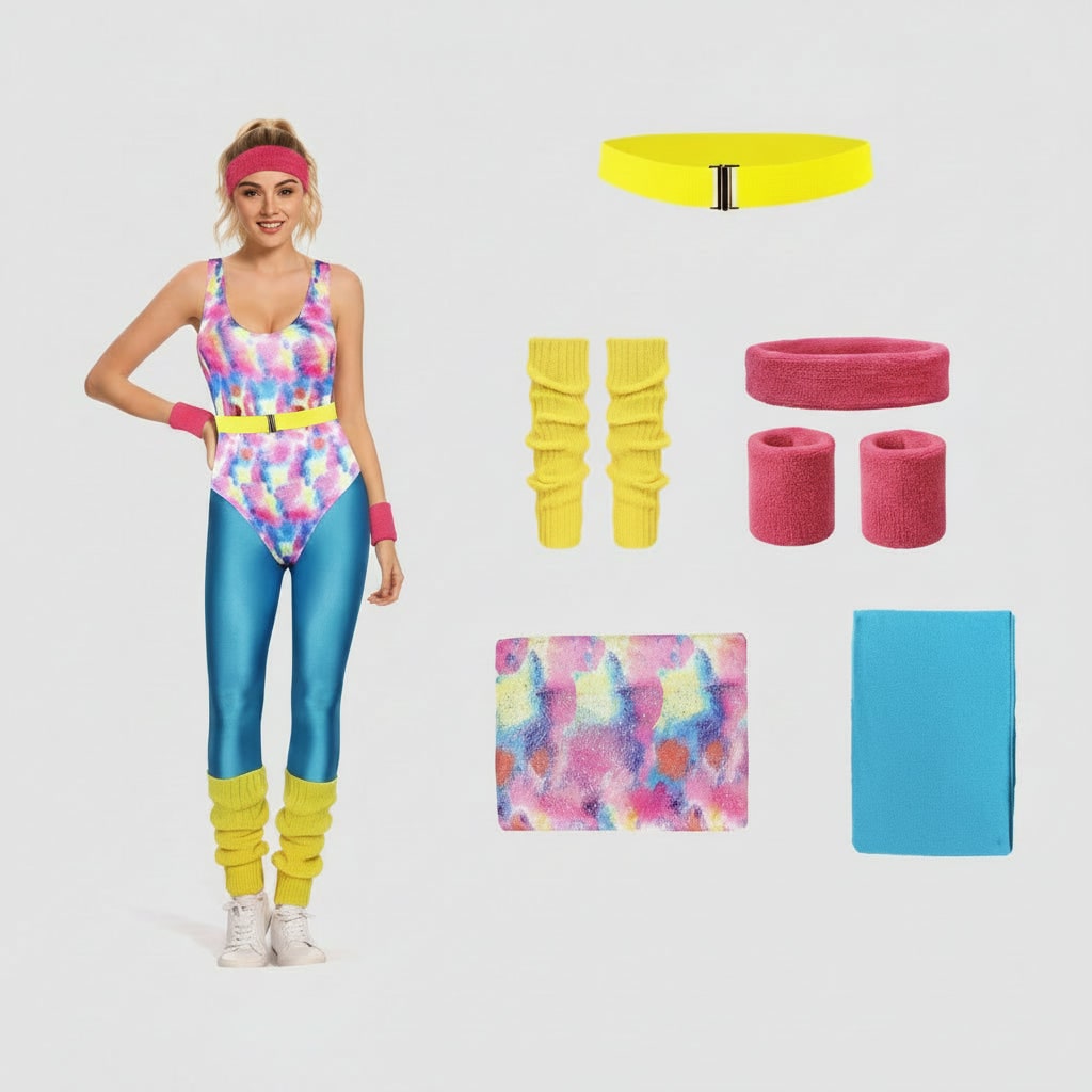Halloween 80s Costume Party Outfit Workout Aerobics Set with Leotard Leggings Leg Warmers - Image 3