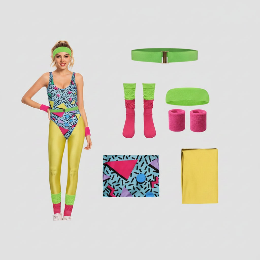 Halloween 80s Costume Party Outfit Workout Aerobics Set with Leotard Leggings Leg Warmers - Image 4