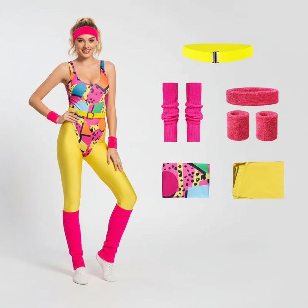 Halloween 80s Costume Party Outfit Workout Aerobics Set with Leotard Leggings Leg Warmers - Image 6
