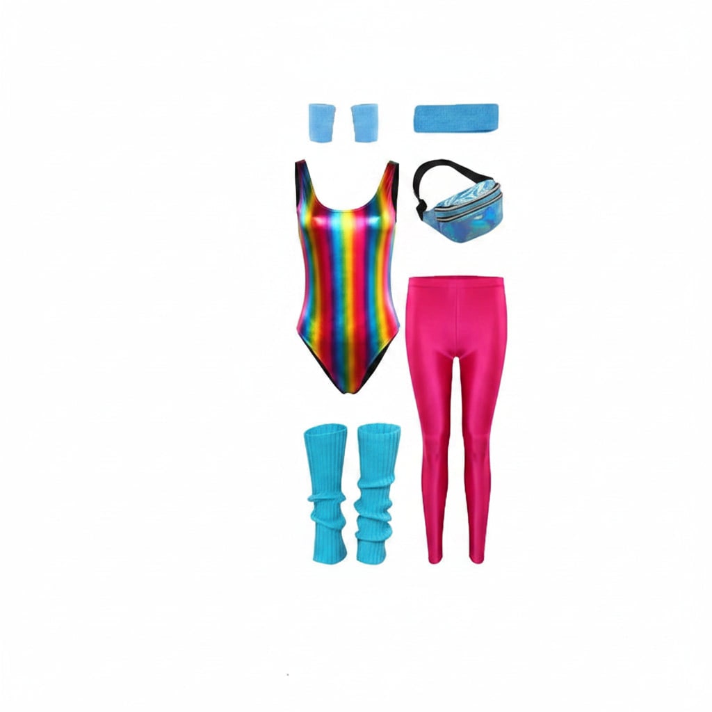 Halloween 80s Costume Party Outfit Workout Aerobics Set with Leotard Leggings Leg Warmers - Image 7
