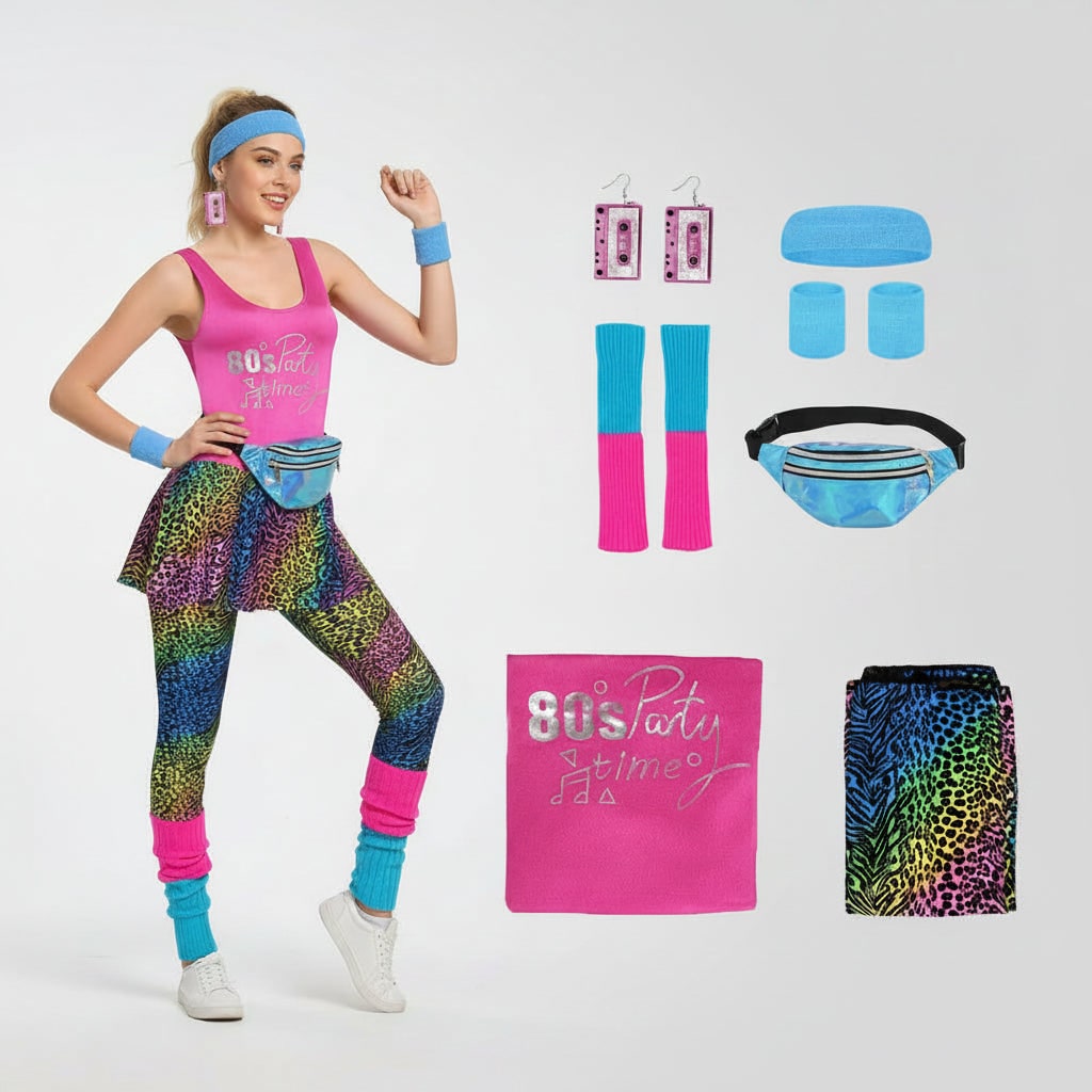 Halloween 80s Costume Party Outfit Workout Aerobics Set with Leotard Leggings Leg Warmers - Image 8