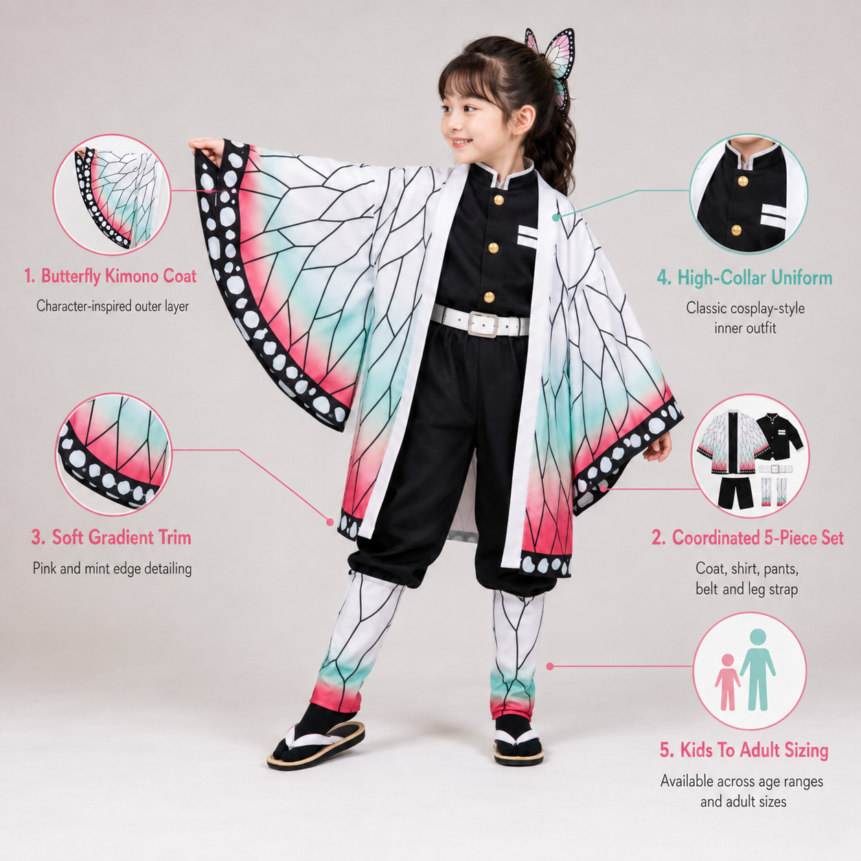 Halloween Anime Cosplay Costume and Outfits with Butterfly Haori Kimono and Leg Wraps for Party - Image 4