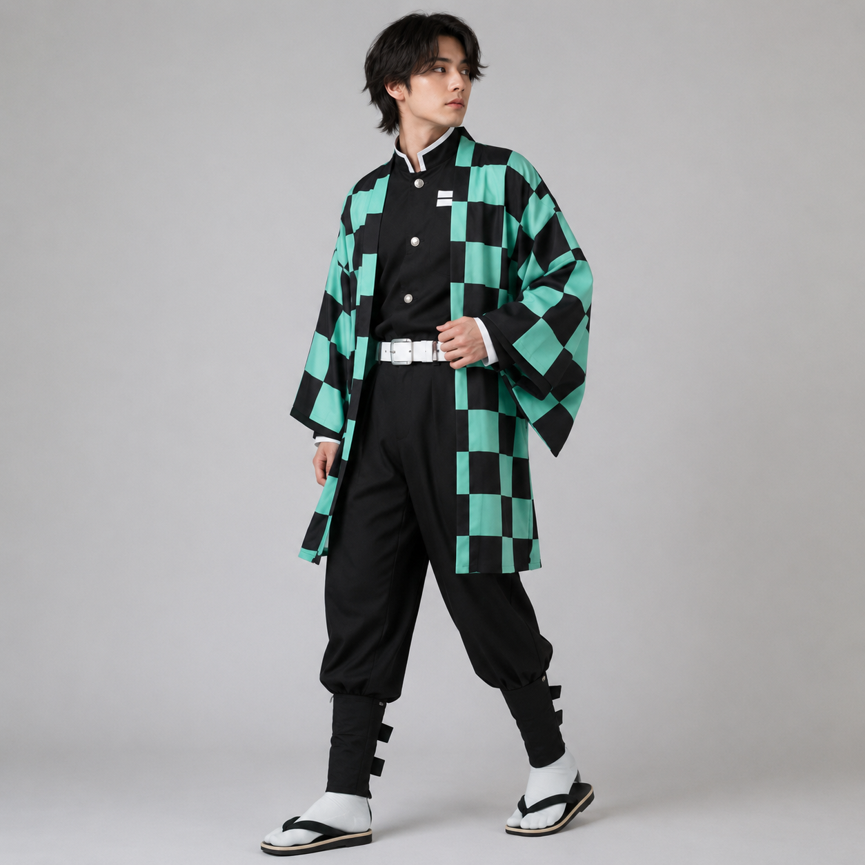 Halloween Anime Cosplay Costume Outfit with Checkered Haori Jacket and Fox for Character Party - Image 1