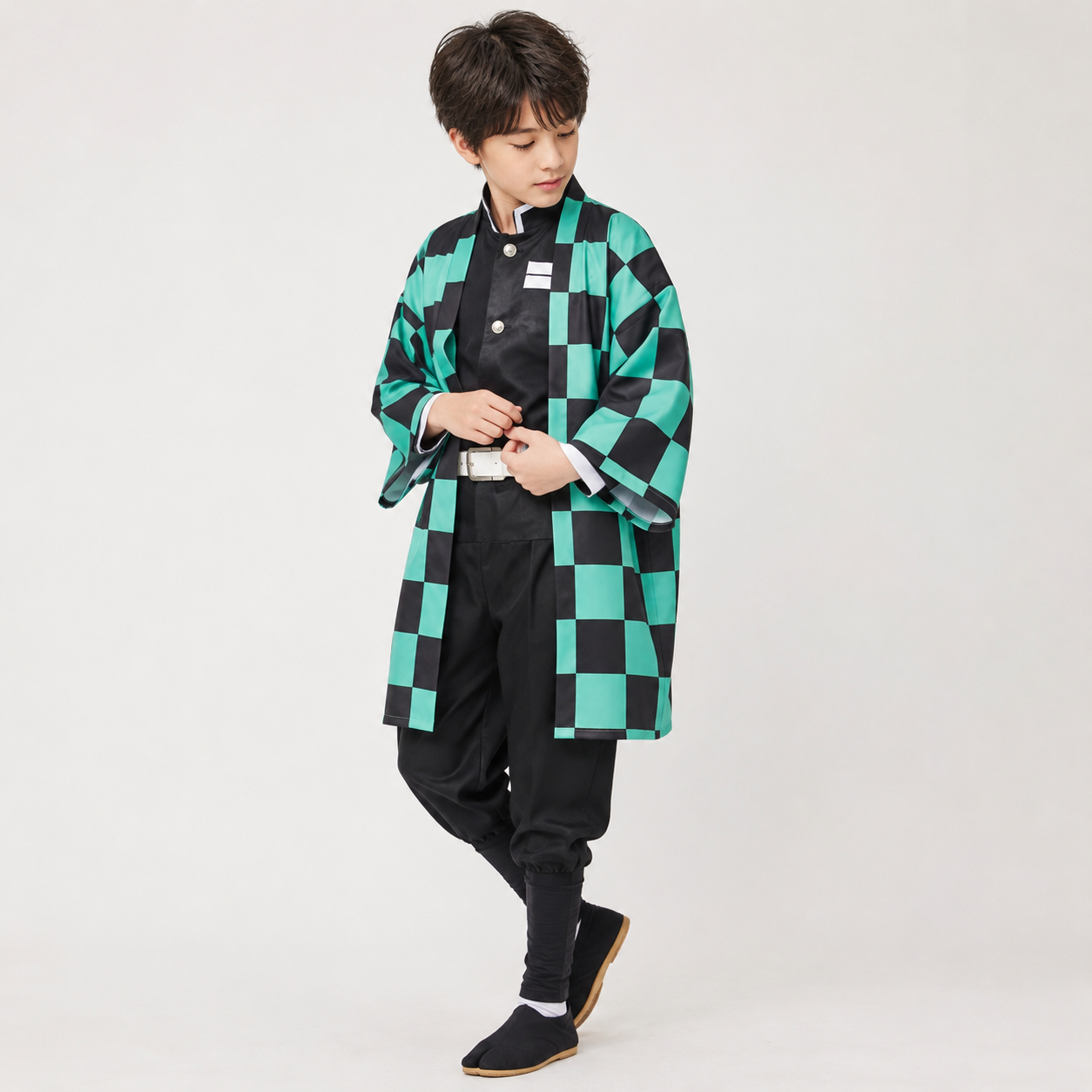 Halloween Anime Cosplay Costume Outfit with Checkered Haori Jacket and Fox for Character Party - Image 2