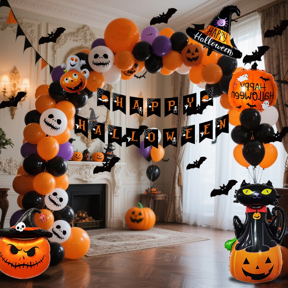 Halloween Balloon Arch Kit with Standing Stand for Party Decoration with Foil and Banner - Image 1