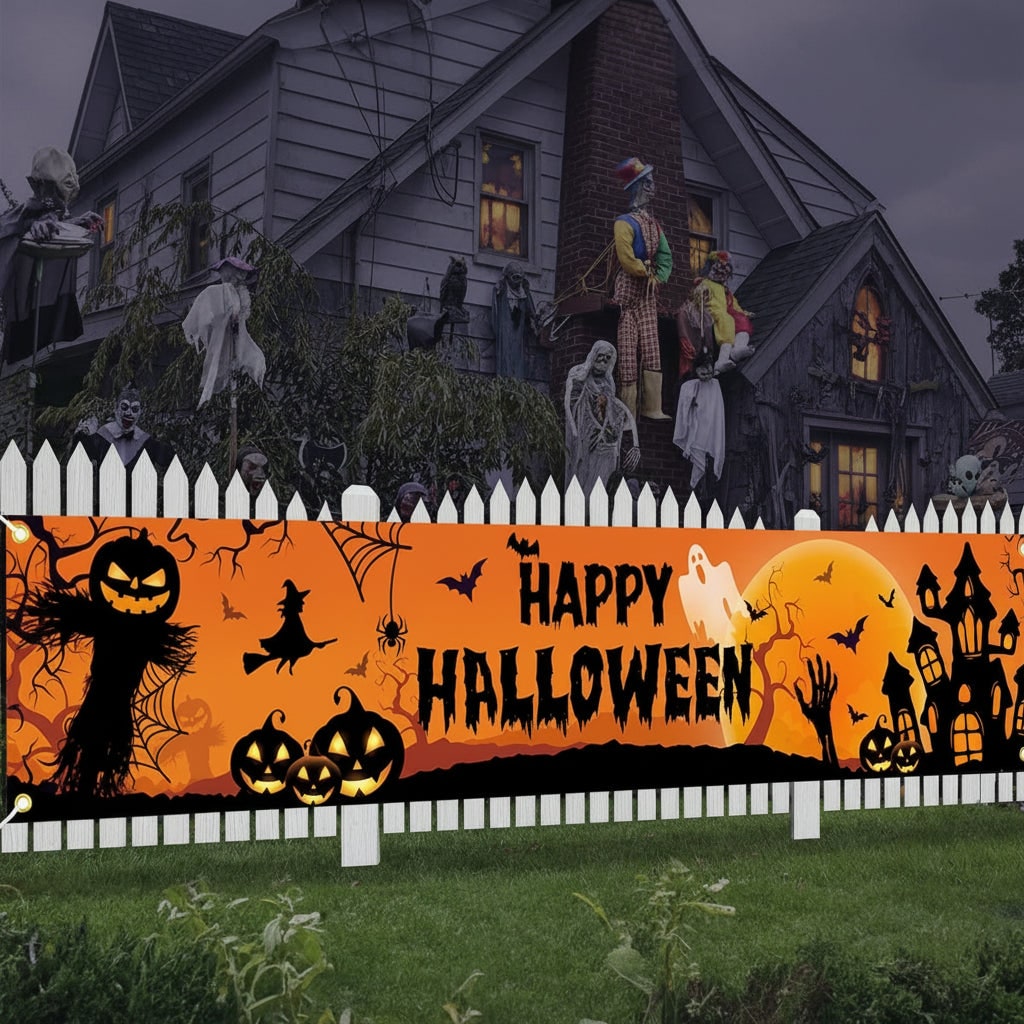Halloween Banner Large Outdoor Decoration with Pumpkin Witch and Scarecrow Graphics for Yard - Image 1