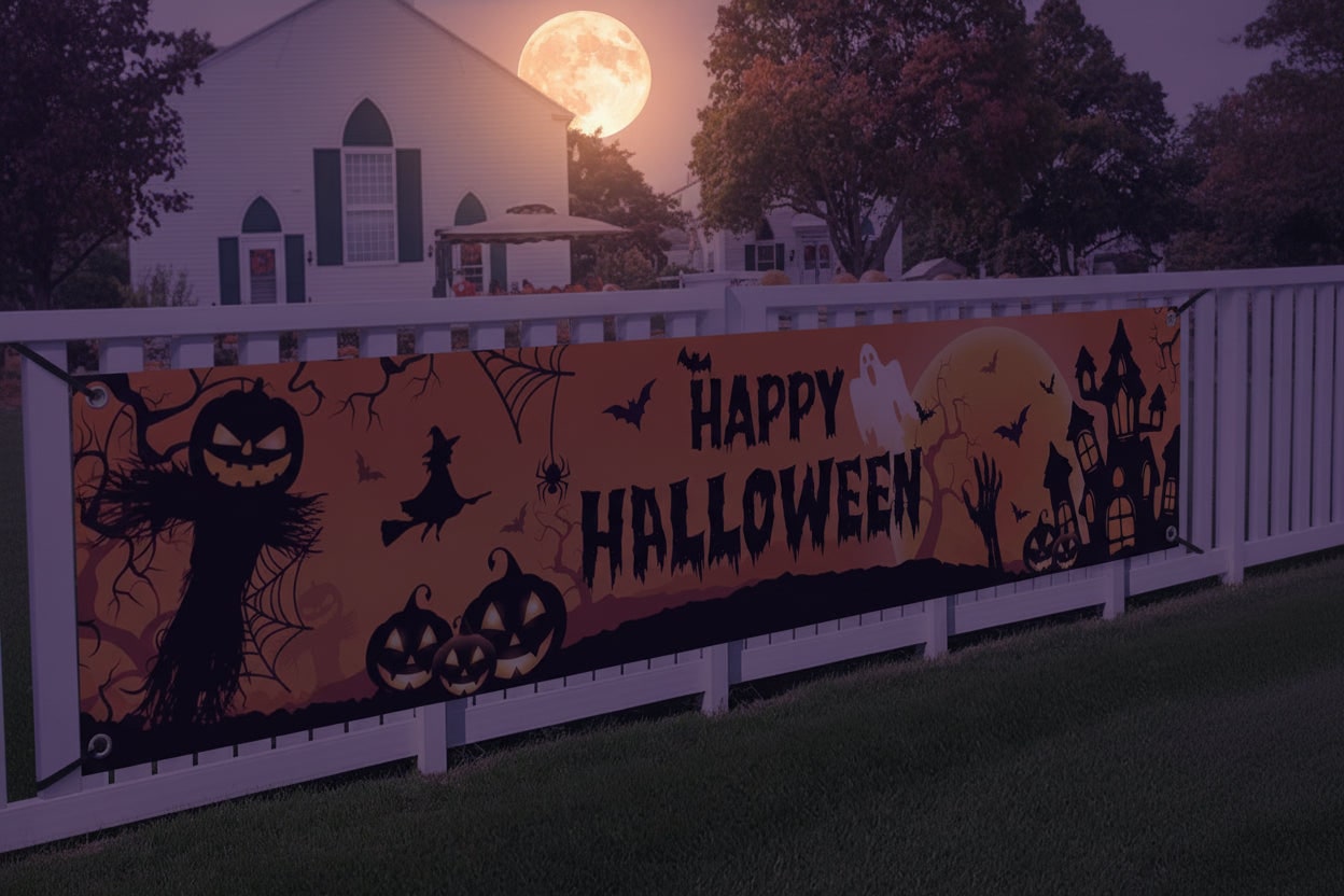 Halloween Banner Large Outdoor Decoration with Pumpkin Witch and Scarecrow Graphics for Yard - Image 2