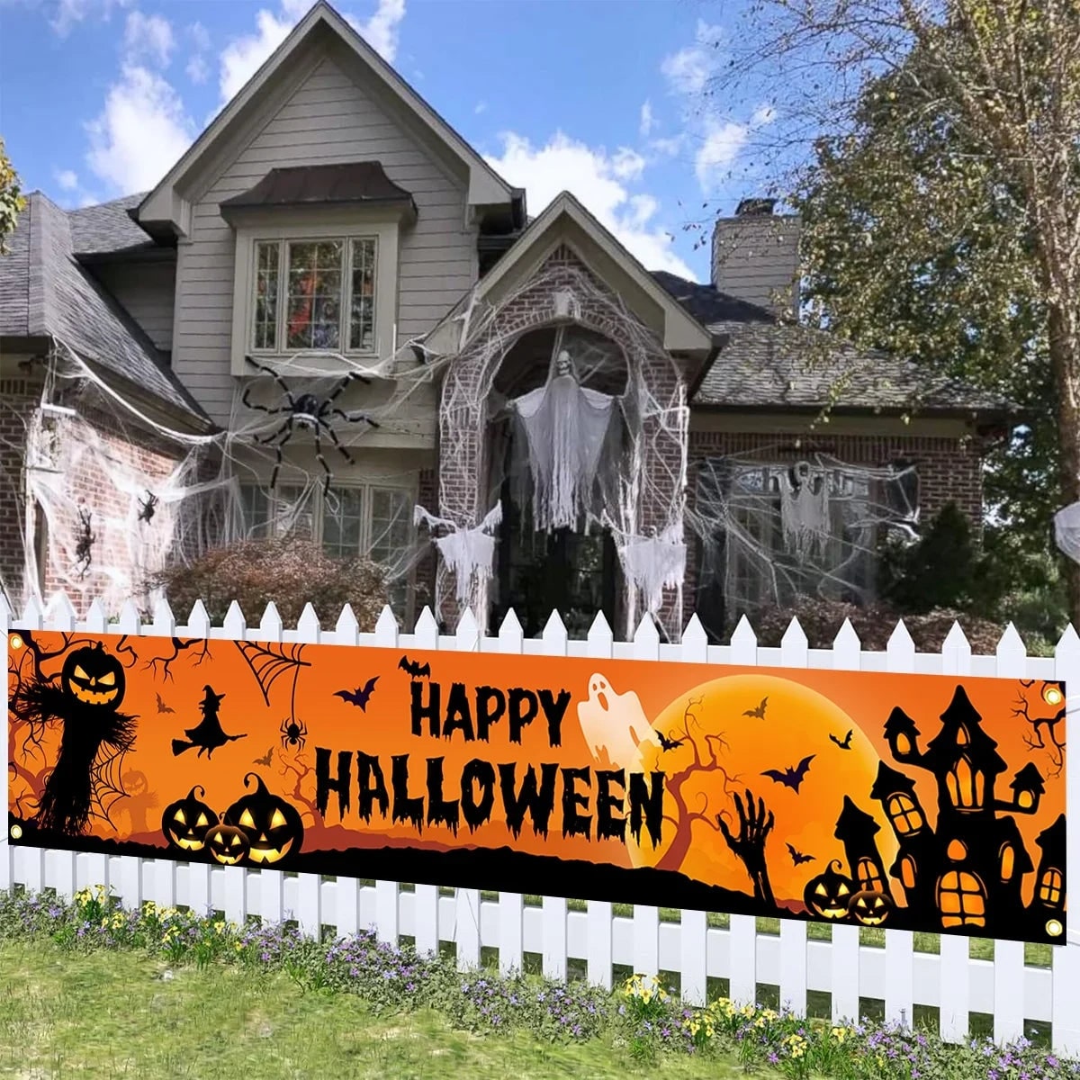 Halloween Banner Outdoor Yard Sign with Jack-O-Lantern and Witch Silhouettes for Party Decoration - Image 2