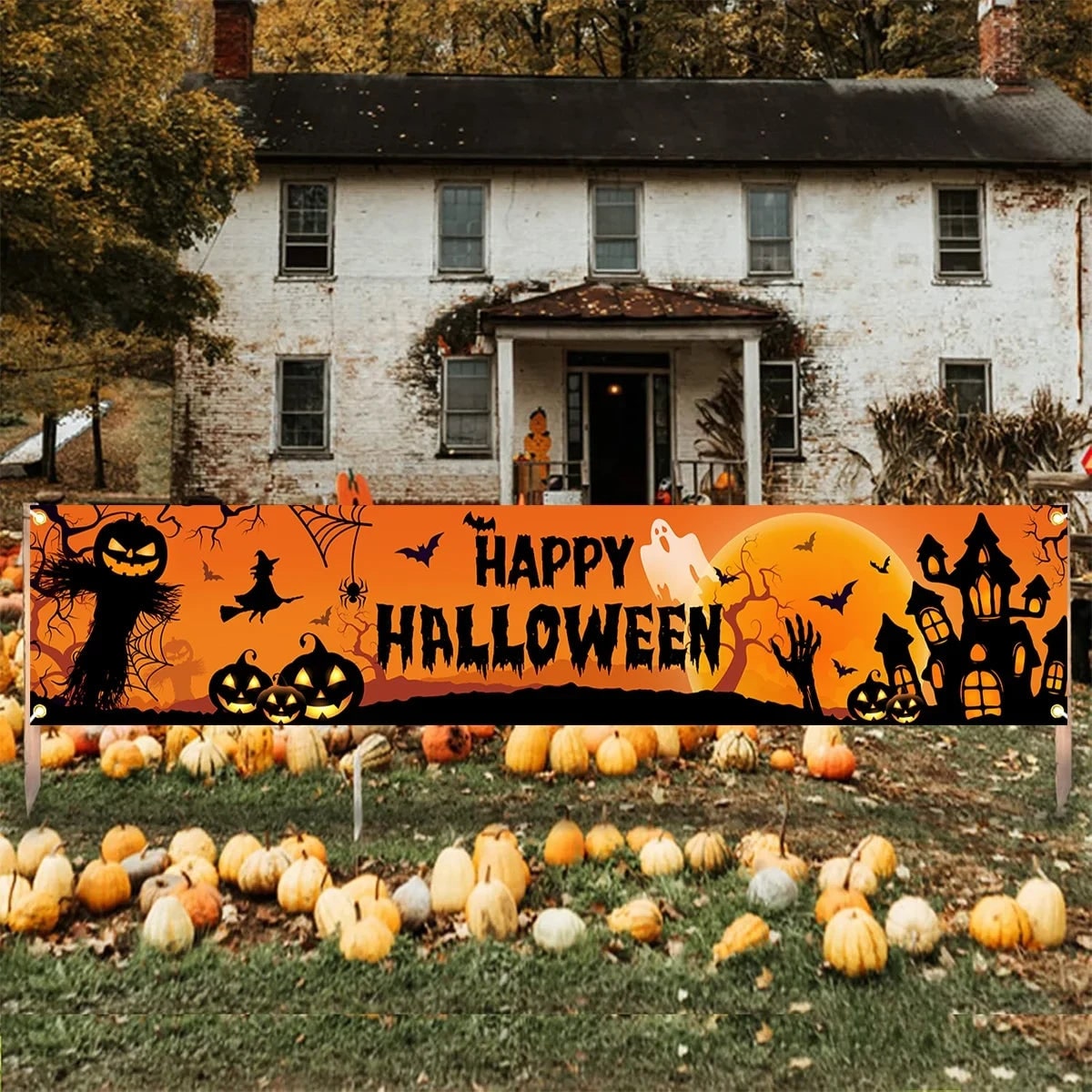 Halloween Banner Outdoor Yard Sign with Jack-O-Lantern and Witch Silhouettes for Party Decoration - Image 4