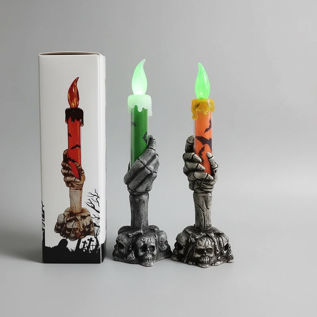 Halloween Battery Operated Flameless Candle with Skeleton Hand Holder and LED Light - Image 6