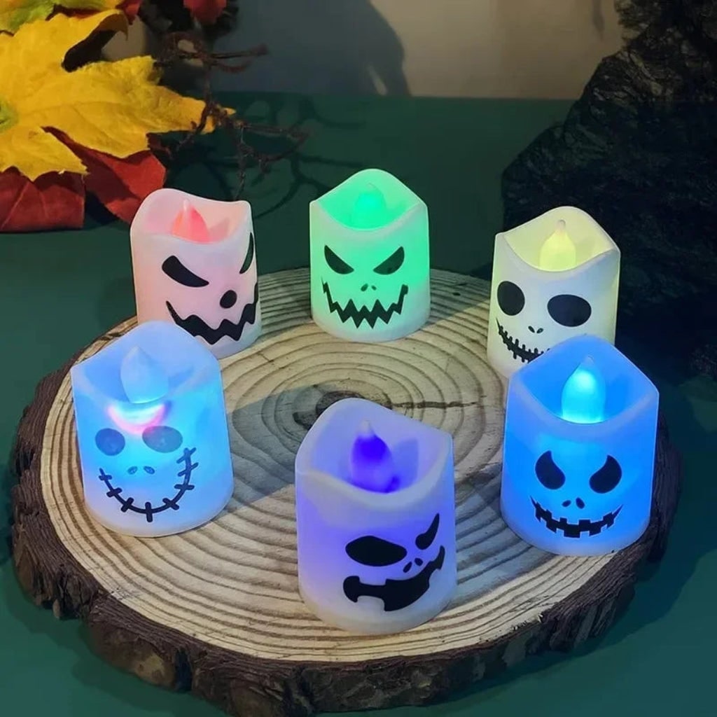Halloween Battery Operated LED Tea Light Candles with Spooky Faces and Flameless Glow - Image 3