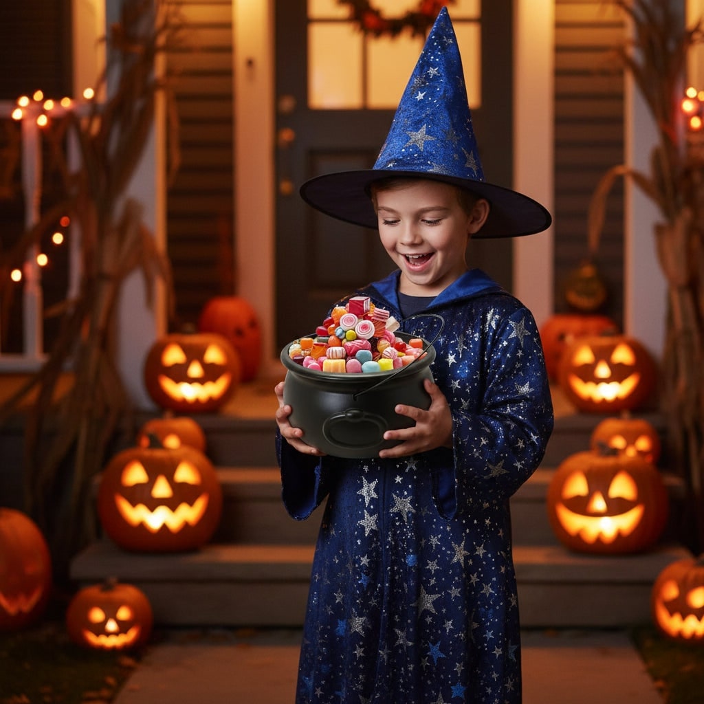 Halloween Black Plastic Bucket Cauldron with Wire Handle for Trick or Treat Party Decoration - Image 1
