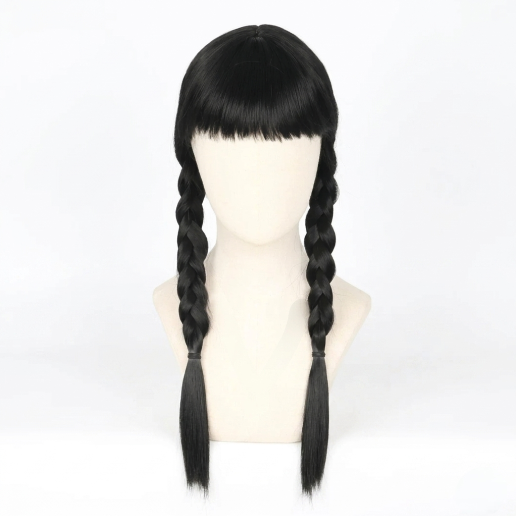 Halloween Braided Costume Wig with Straight Bangs and Pigtails Synthetic Hair Dress Up - Image 1