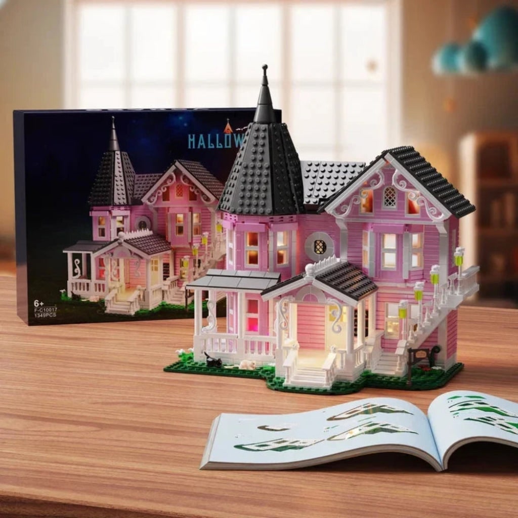 Halloween Building Block Sets with LED Lights Victorian Pink Dollhouse for Children Creative Play - Image 1