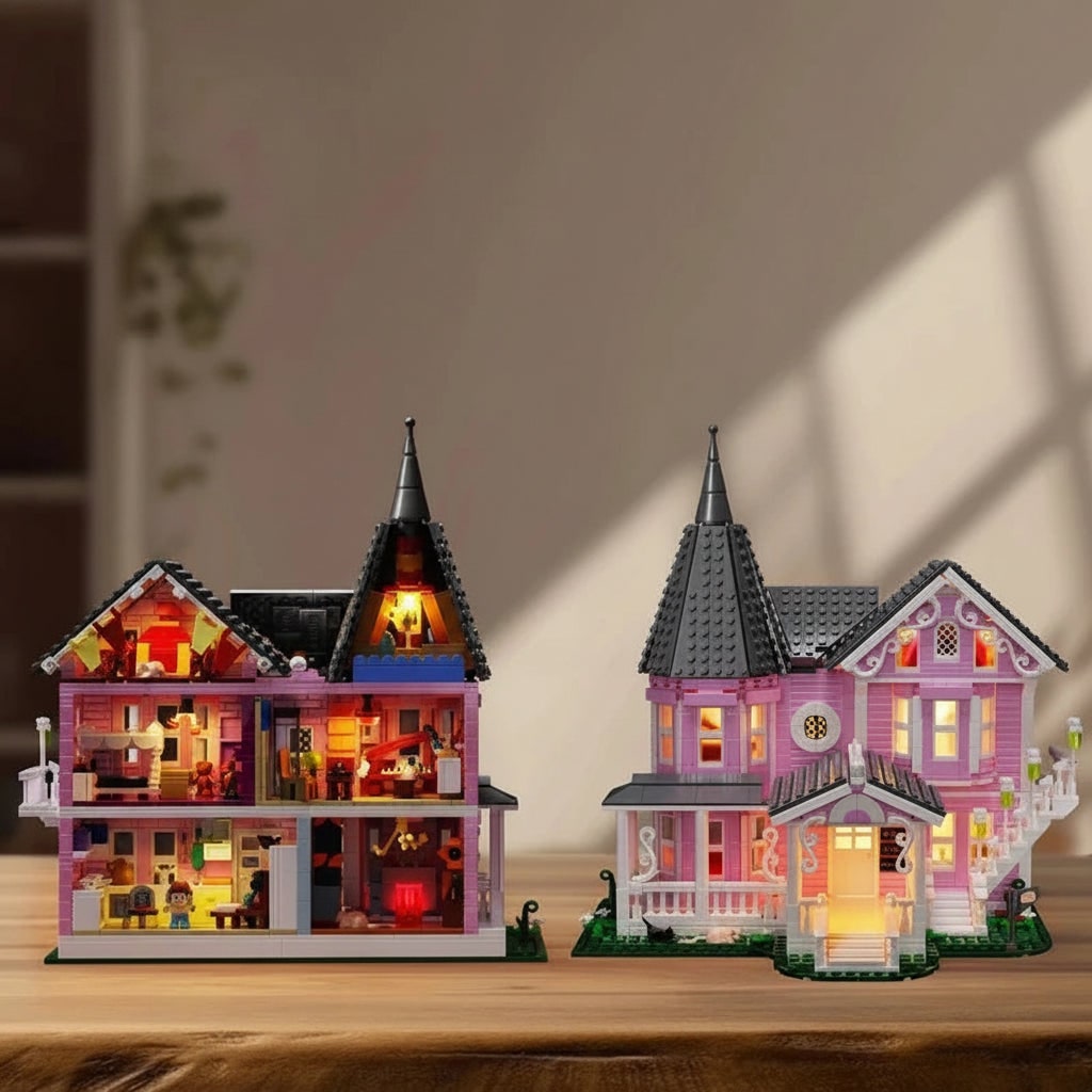 Halloween Building Block Sets with LED Lights Victorian Pink Dollhouse for Children Creative Play - Image 2