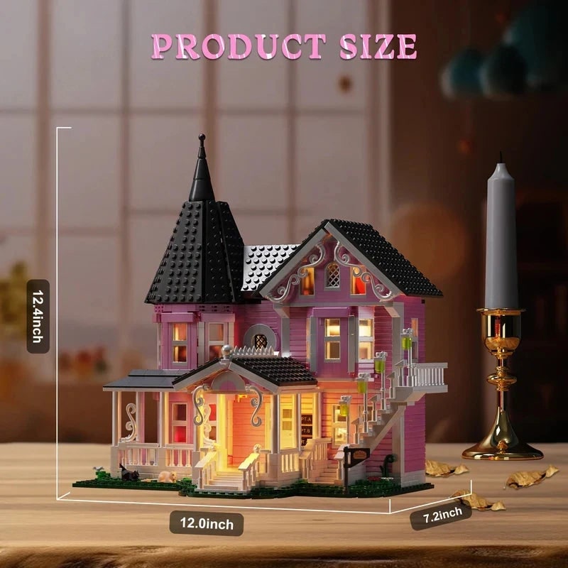 Halloween Building Block Sets with LED Lights Victorian Pink Dollhouse for Children Creative Play - Image 3
