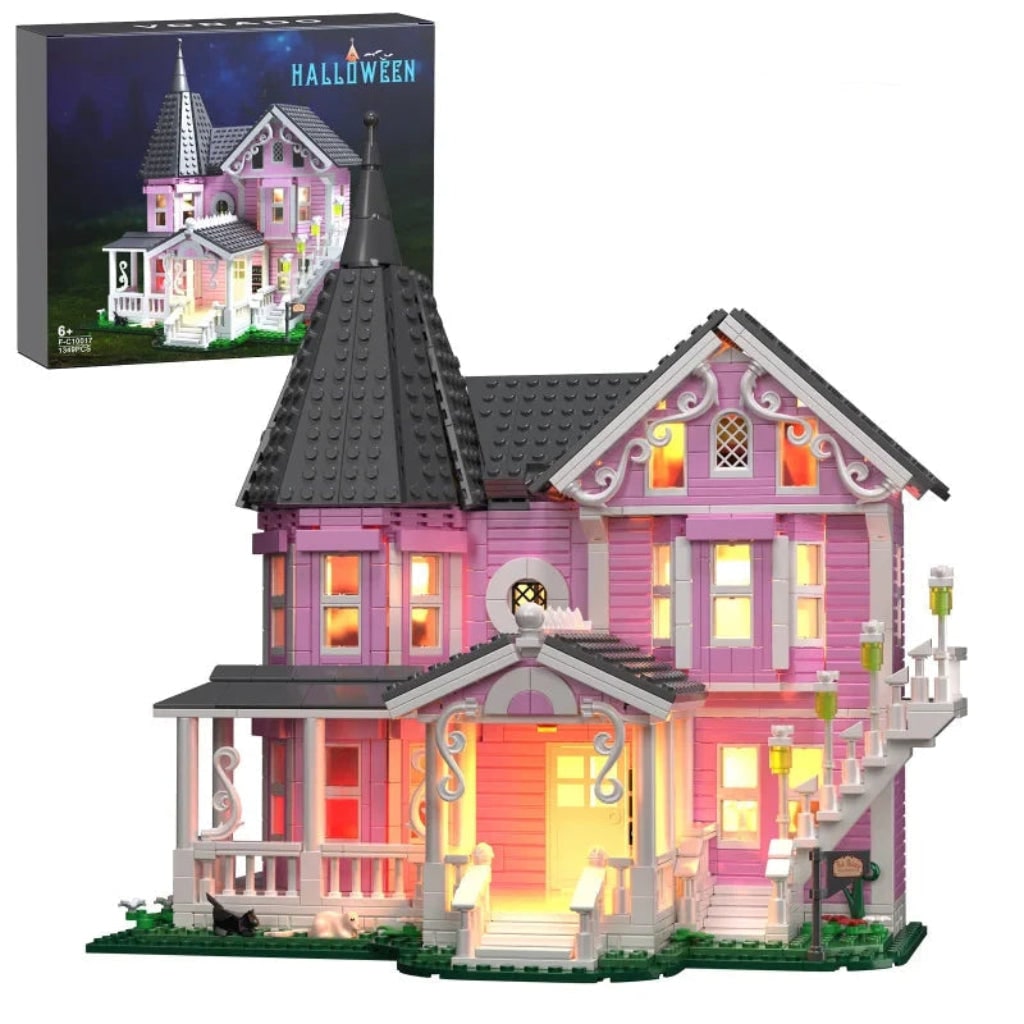 Halloween Building Block Sets with LED Lights Victorian Pink Dollhouse for Children Creative Play - Image 5