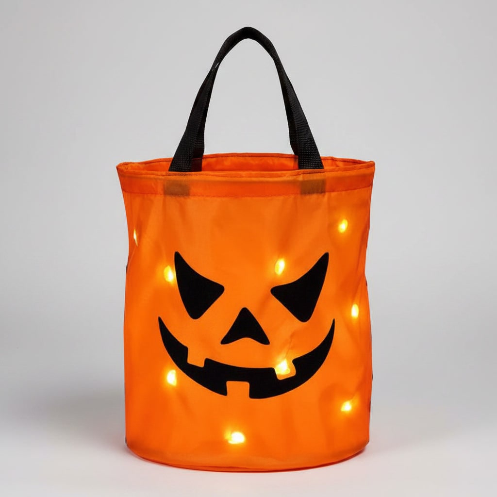 Halloween Candy Bag Reusable Bucket for Trick or Treat with LED Light Up Pumpkin Design - Image 1