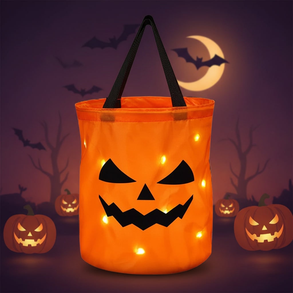 Halloween Candy Bag Reusable Bucket for Trick or Treat with LED Light Up Pumpkin Design - Image 3