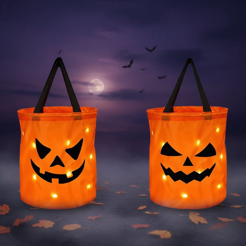 Halloween Candy Bag Reusable Bucket for Trick or Treat with LED Light Up Pumpkin Design - Image 4