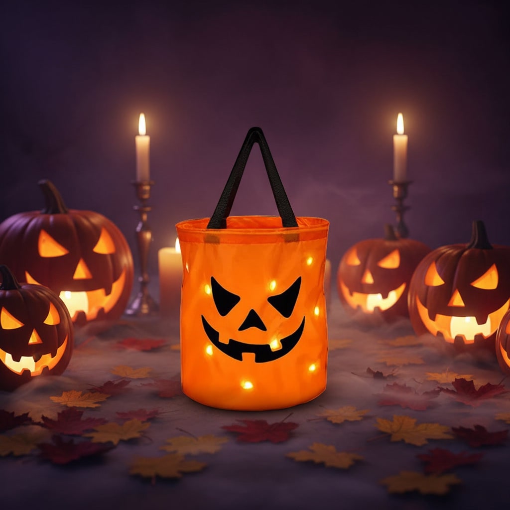 Halloween Candy Bag Reusable Bucket for Trick or Treat with LED Light Up Pumpkin Design - Image 6