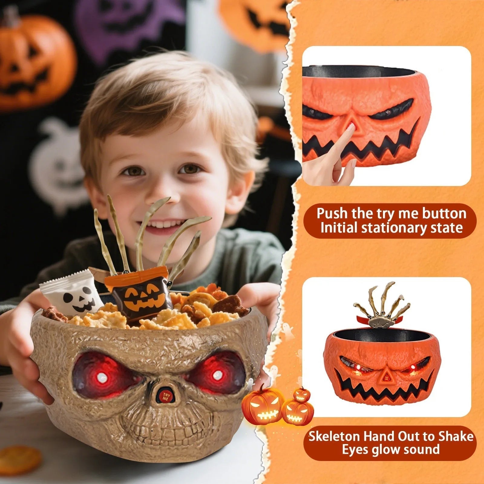 Halloween Candy Bowl Motion Activated with LED Eyes and Skeleton Hand for Indoor Party Decoration - Image 1