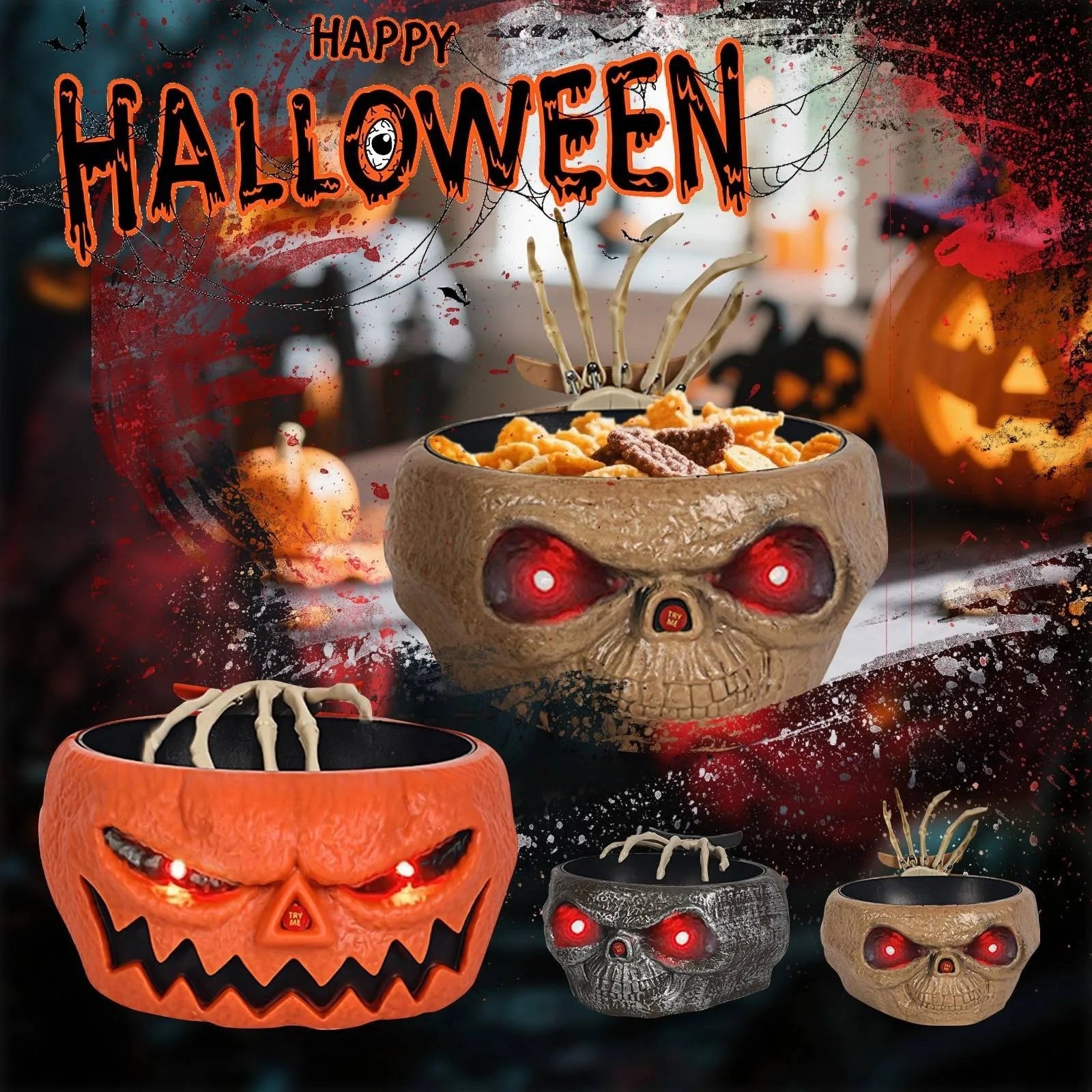 Halloween Candy Bowl Motion Activated with LED Eyes and Skeleton Hand for Indoor Party Decoration - Image 2