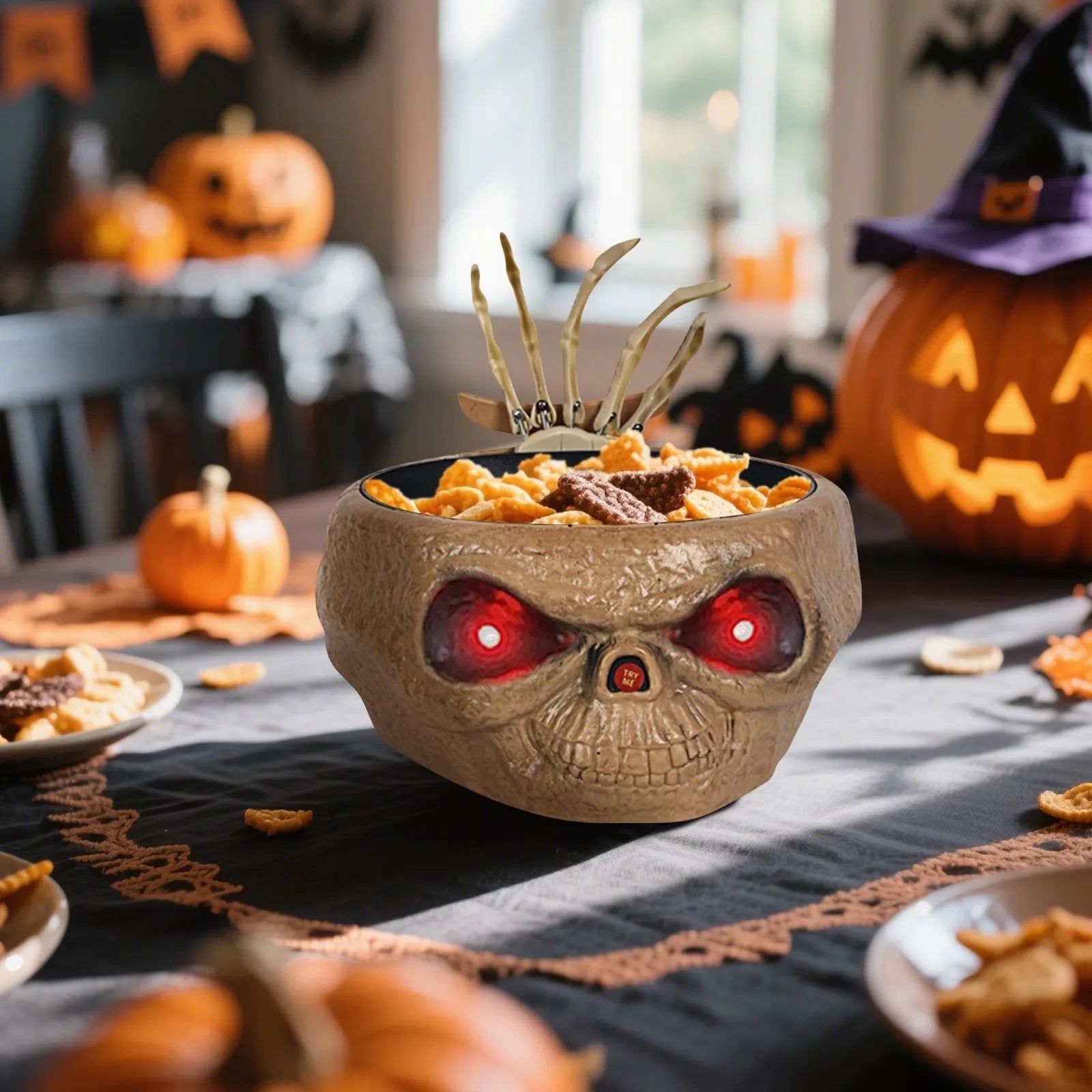 Halloween Candy Bowl Motion Activated with LED Eyes and Skeleton Hand for Indoor Party Decoration - Image 3