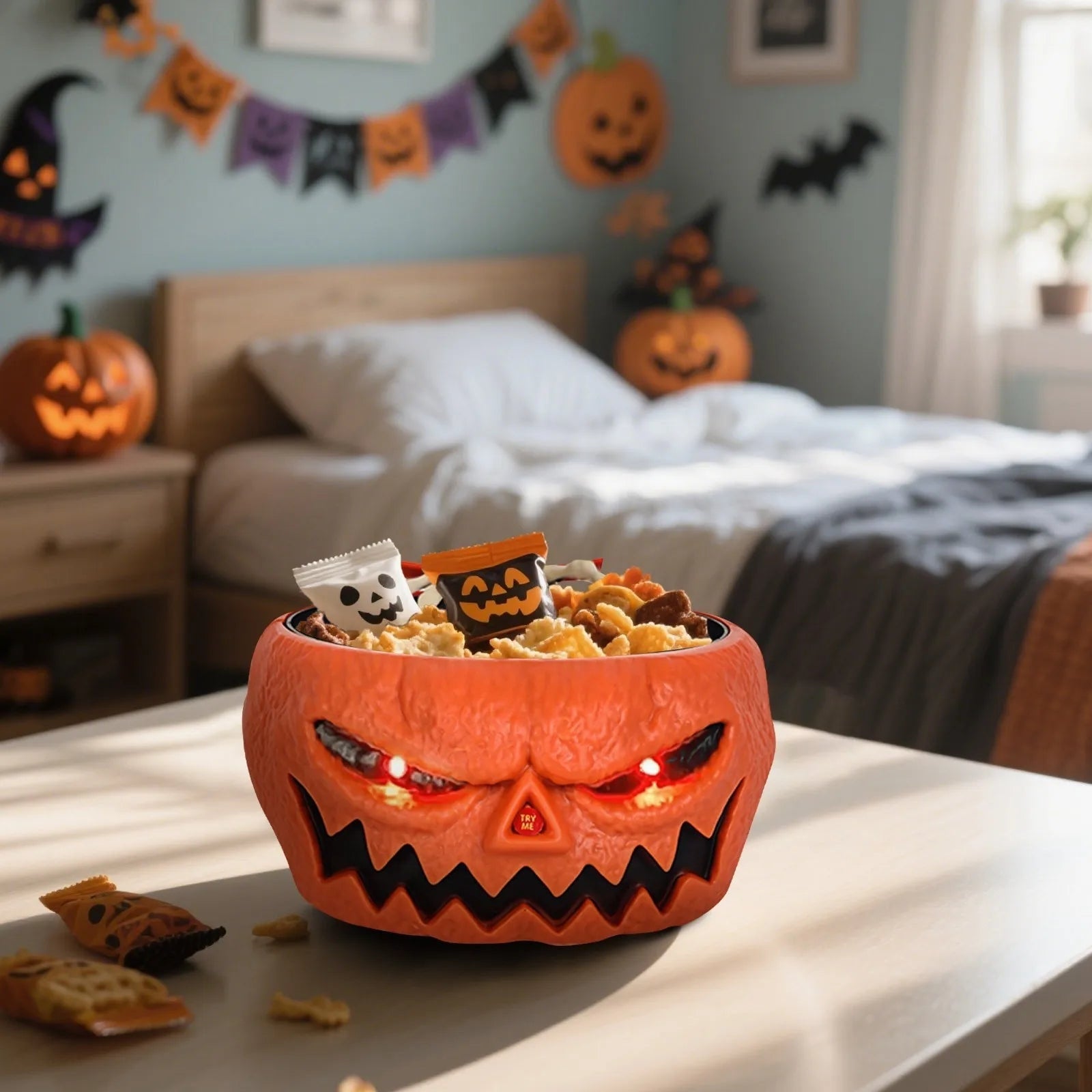 Halloween Candy Bowl Motion Activated with LED Eyes and Skeleton Hand for Indoor Party Decoration - Image 4