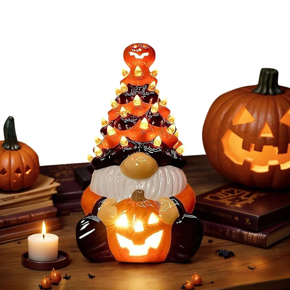 Halloween Ceramic Gnome with LED Jack O'lantern Light Battery Operated Tabletop Party Decoration - Image 2