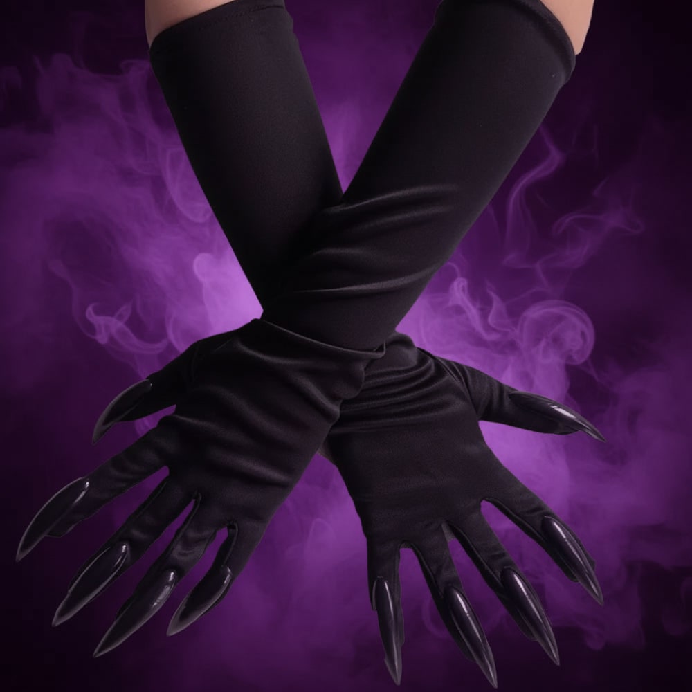 Halloween Claw Gloves Costume with Black Elbow Length Stiletto Nails White - Image 1