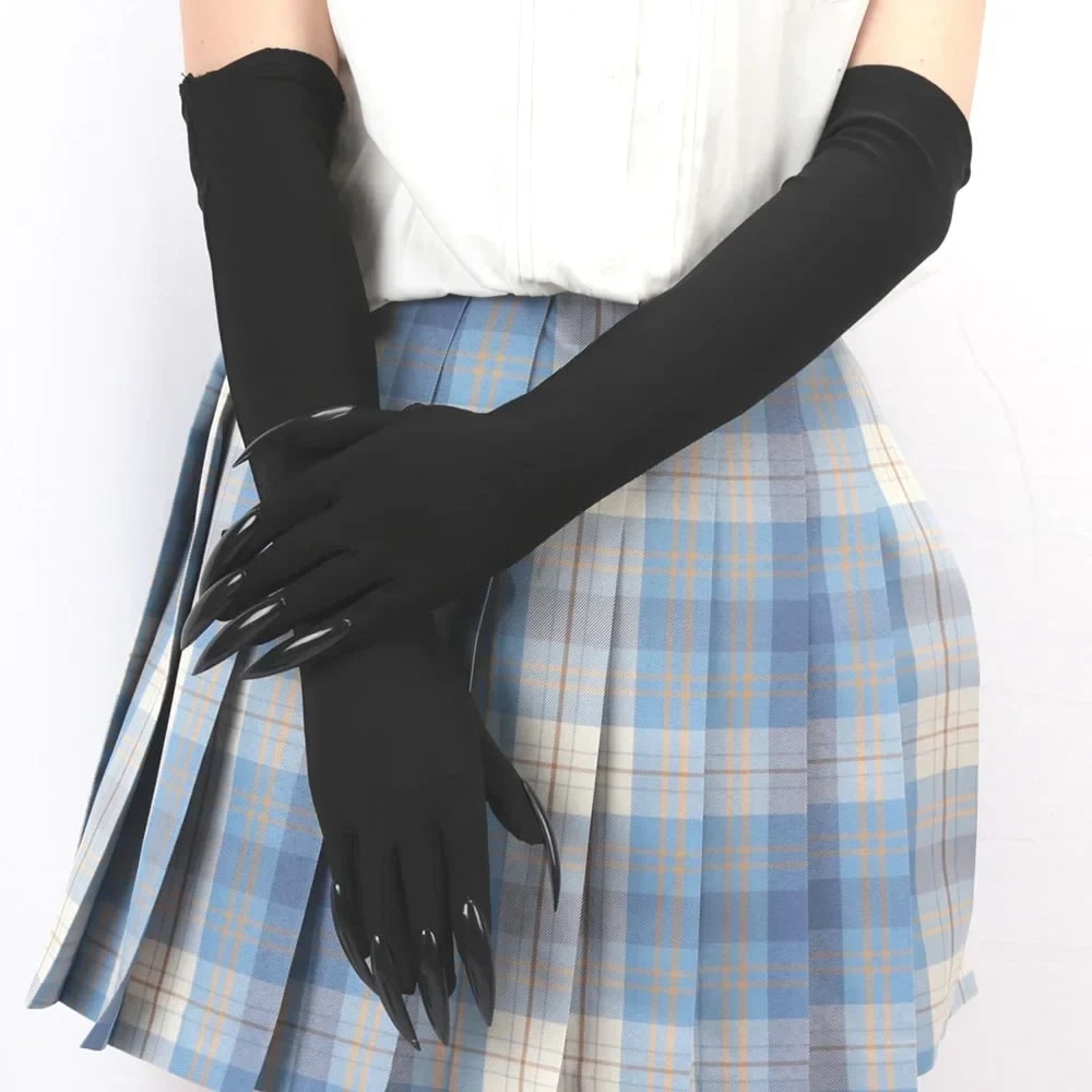 Halloween Claw Gloves Costume with Black Elbow Length Stiletto Nails White - Image 4
