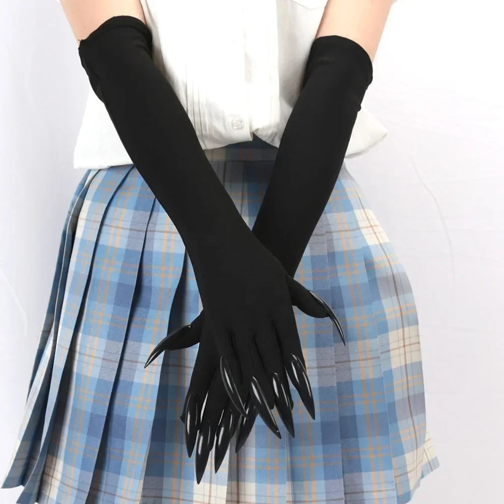 Halloween Claw Gloves Costume with Black Elbow Length Stiletto Nails White - Image 5