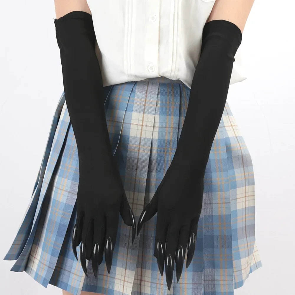Halloween Claw Gloves Costume with Black Elbow Length Stiletto Nails White - Image 6