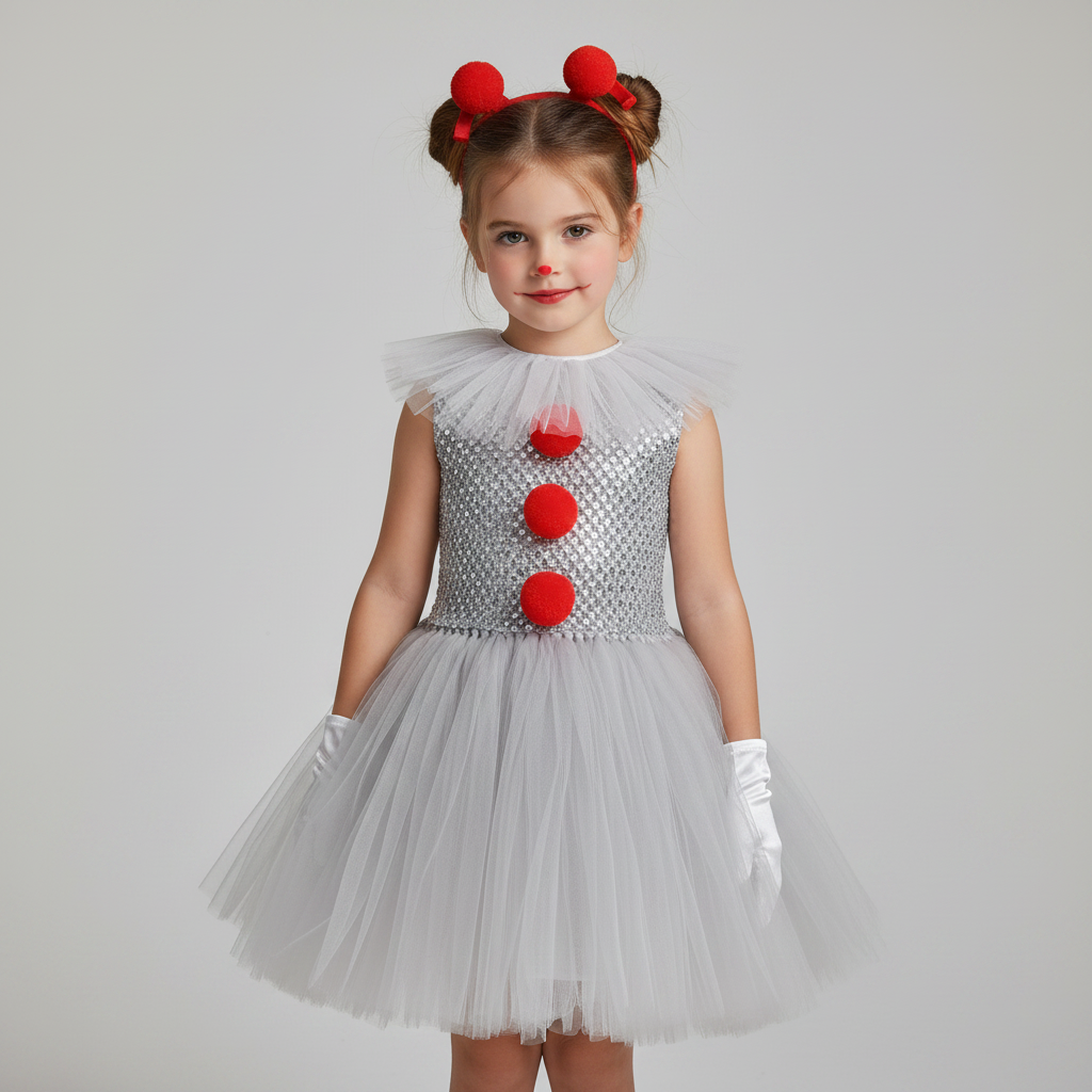 Halloween Clown Costume Outfit Dress with Tutu Collar Gloves and Hair Clips Accessories Set - Image 1