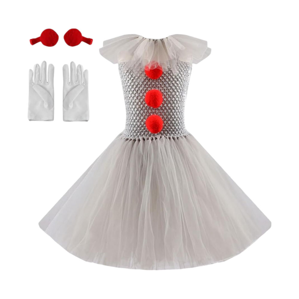 Halloween Clown Costume Outfit Dress with Tutu Collar Gloves and Hair Clips Accessories Set - Image 2