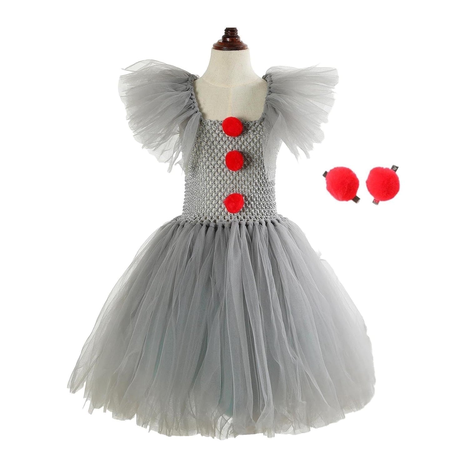 Halloween Clown Costume Outfit Dress with Tutu Collar Gloves and Hair Clips Accessories Set - Image 3